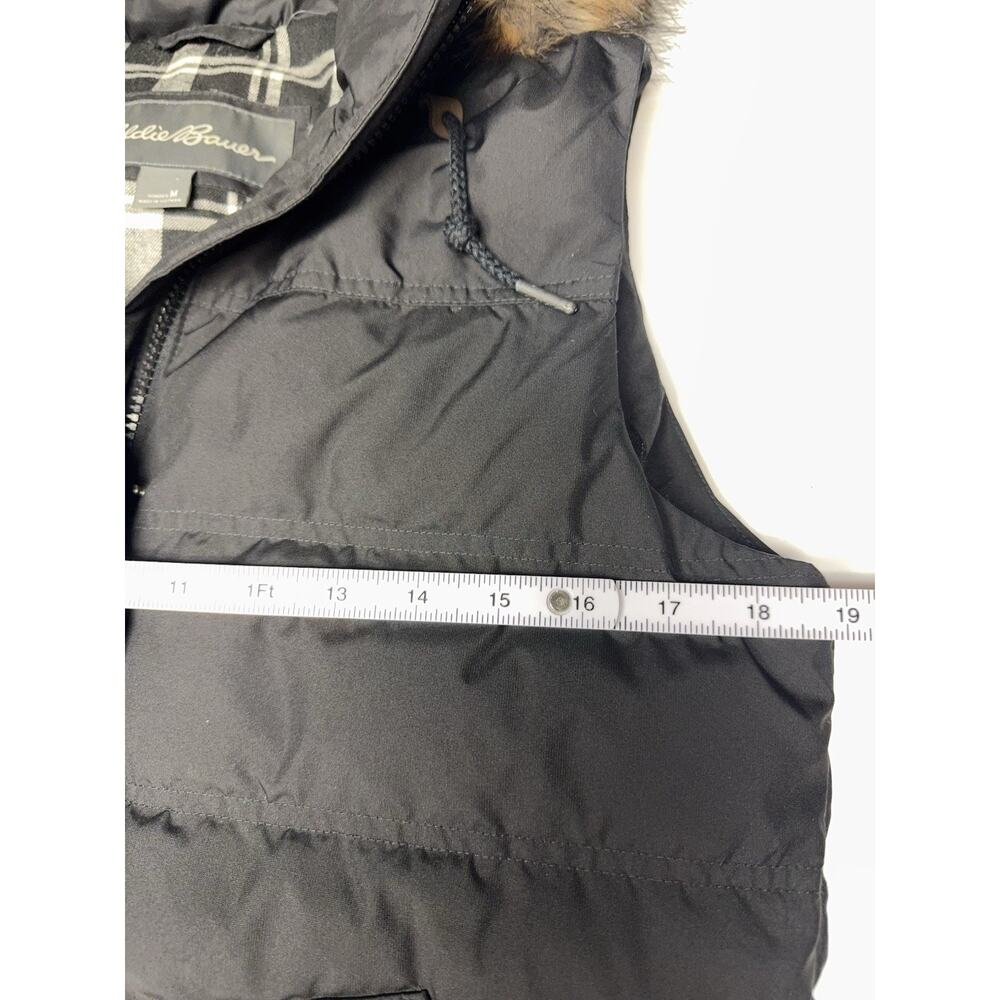 Eddie Bauer Down Puffer Vest Women’s Medium Black Faux Fur Hood Plaid Lined - Picture 9 of 10